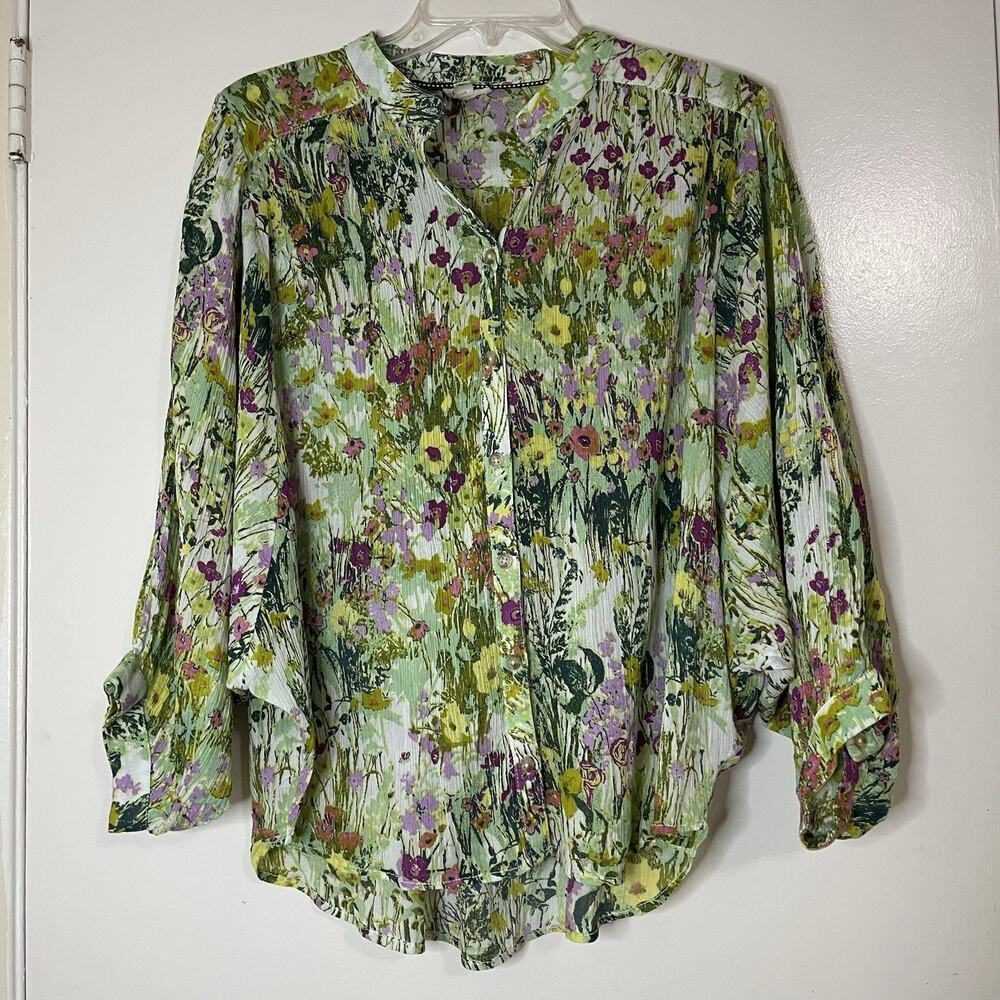 Anthropologie Pilcro Green watercolor floral button down dolman top small - Picture 2 of 7